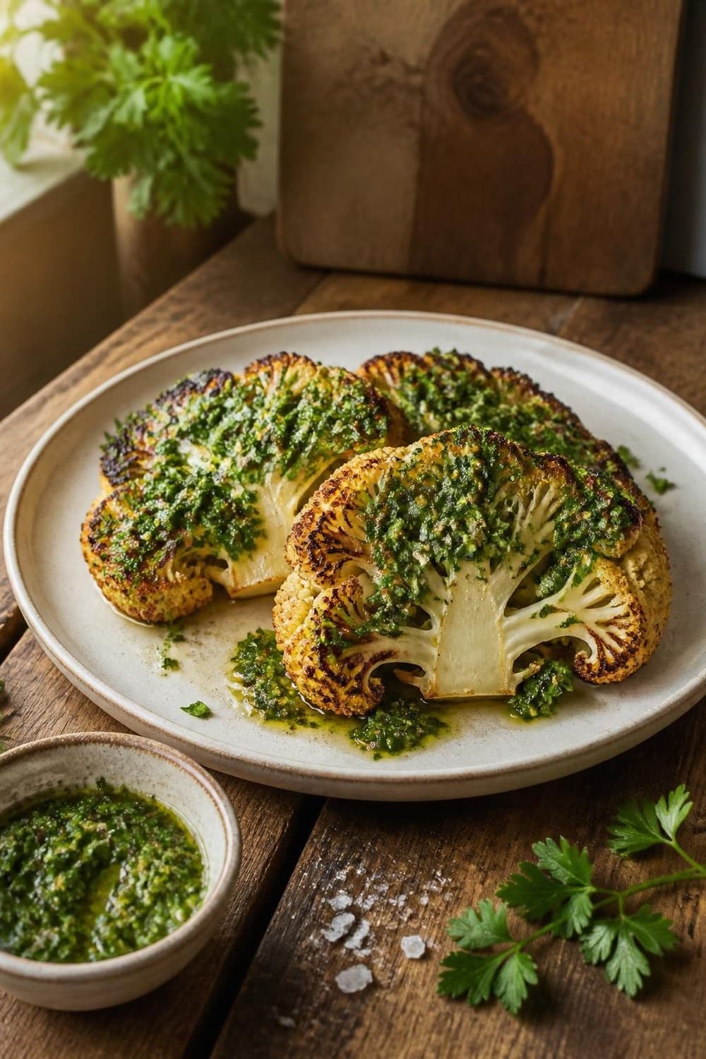 Bloemkoolsteak met chimichurri uit de airfryer — 150°C, 15-18 min