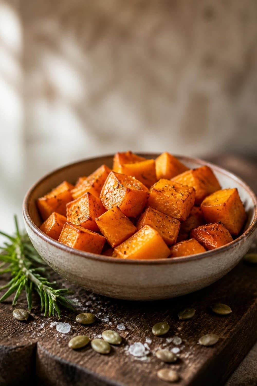 Pompoen blokjes uit de airfryer — 190°C, 15-20 min